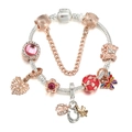 Macro detail of silver snake chain bracelet with rose gold charms and floral pendants - Horseshoe Colorful Butterfly Flower Style (Double Color #9)
