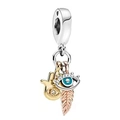 Detailed charm pendant with Hamsa Hand, Evil Eye and rose gold feather for bracelets - Hamsa Hand Evil Eye Feather Dangle (#1)
