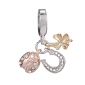 Detailed shot of three-tone charms featuring ladybug, clover, and horseshoe pendants - Lucky Ladybug Clover Horseshoe Dangle (#5)
