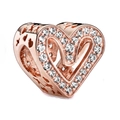 Detailed view of rose gold heart charm with pavé cubic zirconia and hollowed star patterns - Rose Gold Hollow Heart Rhinestone Bead (#12)
