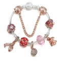 Silver snake chain bracelet with rose gold charms and pink crystal flower pendant - Pink Flower Purple Gradient Leaf Style (Double Color #7)