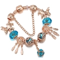 Rose gold dreamcatcher bracelet with blue crystal beads and feather charms on snake chain - 16cm / Blue Pegasus Style (#3)