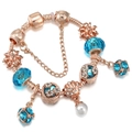 Detail of rose gold snake chain bracelet with blue crystals and seashell charms - 16cm / Blue Shell Artificial Pearl Style (#4)