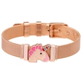 Armband aus roségoldenem Edelstahlgewebe mit rosa Einhorn-Anhänger und Schnallenverschluss - Roségold