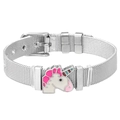 Silbernes Edelstahl-Netzarmband mit buntem Emaille-Einhorn und verstellbarer Dornschließe - Silber