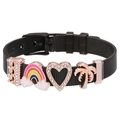 Black stainless steel mesh bracelet with rainbow, heart, and palm tree slider charms - Rainbow Coconut Tree Style / Black