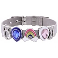 Silver stainless steel mesh bracelet with blue teardrop, rainbow, and pink stone charms - Silver - Deep Blue Drop Charm (1)