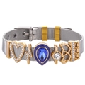 Detail of silver mesh bracelet featuring gold charms with blue gemstone and crystals - Silver - Gold Charms Letter E (5)