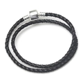 3mm double-layer braided black leather cord bracelet with silver barrel clasp closure - 16cm / Black