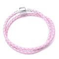 Detail of pink double-wrap braided leather bracelet with silver magnetic barrel clasp - 16cm / Pink