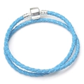 Close-up of sky blue double-wrap braided leather bracelet with silver cylindrical clasp - 16cm / Light Blue