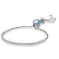Pulsera ajustable de plata con circonitas blancas redondas y gema central azul mar - Estilo Halo Redondo con Cordón / Ajustable / Azul lago