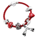 Detail of red braided leather Christmas bracelet with Santa, snowflake charms and Fu bead - 16cm / Santa and Snowflake (2)