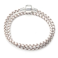 Double wrap 3mm woven leather bracelet with silver barrel clasp in white and tan - 16cm / White & Brown