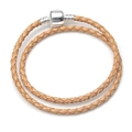 Double-wrap light brown braided leather bracelet with silver barrel clasp closure - 16cm / Brown