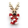 Detail of a Christmas reindeer brooch with gold antlers and red striped scarf on white background - Scarf Reindeer (Style 8)