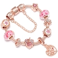 Bracciale con charm in oro rosa con perle di vetro rosa, pendente foglia e albero vita - 16cm / Stile Cuore Albero della Vita