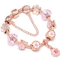 Bracciale con ciondoli oro rosa con fiori in smalto rosa e perle di vetro sfaccettate - 16cm / Stile Fiore in Smalto Rosa