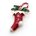 Broche de chaussette de Noël mignonne en émail rouge avec étoiles dorées et strass - Style Chaussette de Noël et Sucre d'Orge (4431934482093)