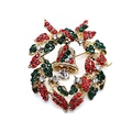Broche couronne de Noël avec clochette dorée et cristaux rouges verts sur alliage - Style Couronne avec Clochette (4431934482099)