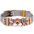 Zilveren roestvrijstalen mesh armband met kleurrijke flamingo- en kroonbedeltjes - Zilver Flamingo Regenboog (Stijl 19)