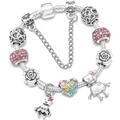 Bracelet chaîne serpent argentée avec perles de cristal rose et pendentifs fée fleur - 16cm / Argent