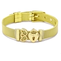 Detailed close-up of a 10mm golden mesh bracelet with heart charms and buckle closure - Heart and Lock (A) / A Gold