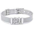 Detail of silver mesh steel bracelet featuring double heart and key charms with buckle - Silver Style C1