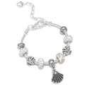 Close-up of silver-plated bead bracelet with shell charms and heart extension chain - Phantom Ocean Set (A-5)