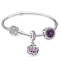Silver snake chain bracelet with purple gemstone charms and sparkling star pendants - Style A7