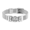 Detail of stainless steel mesh bracelet featuring a tree of life and clover charms - Tree of Life and Clover Design / Silver