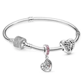 Detail of silver snake chain bracelet with pink tree of life heart charms and zircons - Style A9