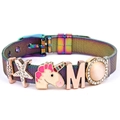 Detail van regenboog mesh armband met emaille eenhoorn, ster en steen bedeltjes - Regenboog Eenhoorn Letter M (Stijl 18)