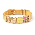 Detail of gold mesh watch-band bracelet featuring summer charms like anchor and lemon - Summer Ice Cream Lemon Anchor / Gold Style