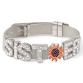 Detail of silver mesh bracelet with rhinestone SISTER letters and sunflower charm - SISTER / Steel