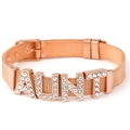 Rose gold mesh watch band bracelet featuring sparkling rhinestone AUNT letter charms - Rose Gold Bracelet