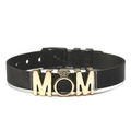 Black stainless steel mesh bracelet with golden MOM letter charm and crystal accent - Leather Strap Style / Black With Gold Accessories
