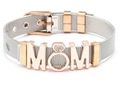 Detail of silver mesh bracelet featuring rose gold MOM charms and diamond-set ring slider - Two-Tone Mesh Bracelet / Silver With Rose Gold