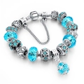 Silver snake chain bracelet with purple faceted glass beads and crown charms - 18cm / Blue