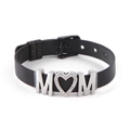 Black stainless steel mesh bracelet with silver MOM letter charm and diamond heart - Heart MOM Mesh Bracelet / Black and Silver