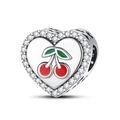 Herz-Charm-Anhänger aus Silber mit Kirsch-Emaille und funkelnden Zirkonia-Steinen - Herz Frucht Perle (W-PAC569)