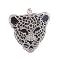 Luxe luipaardkop sleutelhanger met glanzende strasstenen en zwart emaille accenten - 4.5*5cm / Zilver
