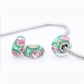 Green glass floral charm beads on a silver snake chain bracelet for European fashion style - Green Floral (Green)