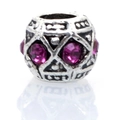 Silberne Perle mit magentafarbenen Strasssteinen und geometrischem Relief für Armbänder - Fuchsia