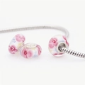European silver snake chain bracelet featuring white glass beads with pink floral patterns - White with Pink Flowers (1)