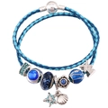 Blue braided leather charm bracelet with starry moon beads and Dutch windmill pendant - Ocean Star Shell Windmill Style (Style 6) / 16cm