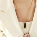 Minimalist double-layered gold square bar pendant necklace with black enamel inlay - Black Shell Plaque Pendant Necklace (P1381) / Gold