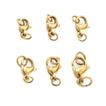 Macro view of six gold-plated lobster clasps for DIY necklace and bracelet jewelry making - 9mm / Gold