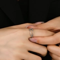 Adjustable silver safety pin ring with micro zircons worn on finger by model - Silver 54# Adjustable Safety Pin Ring