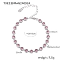 Pink zircon beads titanium steel bracelet with 18K gold plating and 16+5cm chain - Steel Bracelet Pink Zirconia